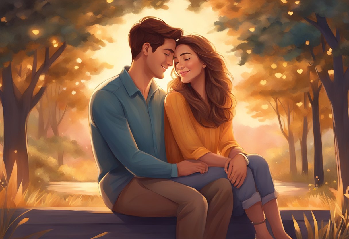 A couple sitting close, sharing a warm embrace, their faces expressing contentment and connection, surrounded by a soft, warm glow