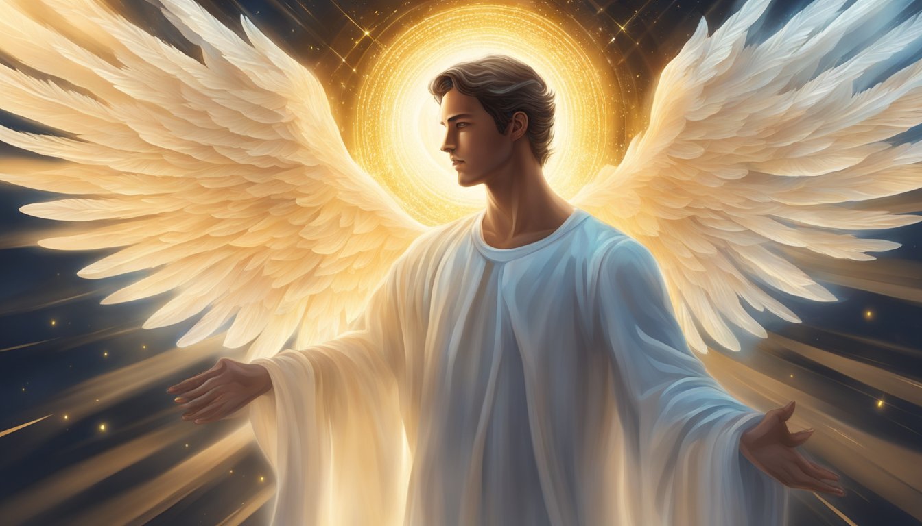 A glowing angelic figure hovers over a person, surrounded by the numbers 535, radiating a sense of guidance and protection