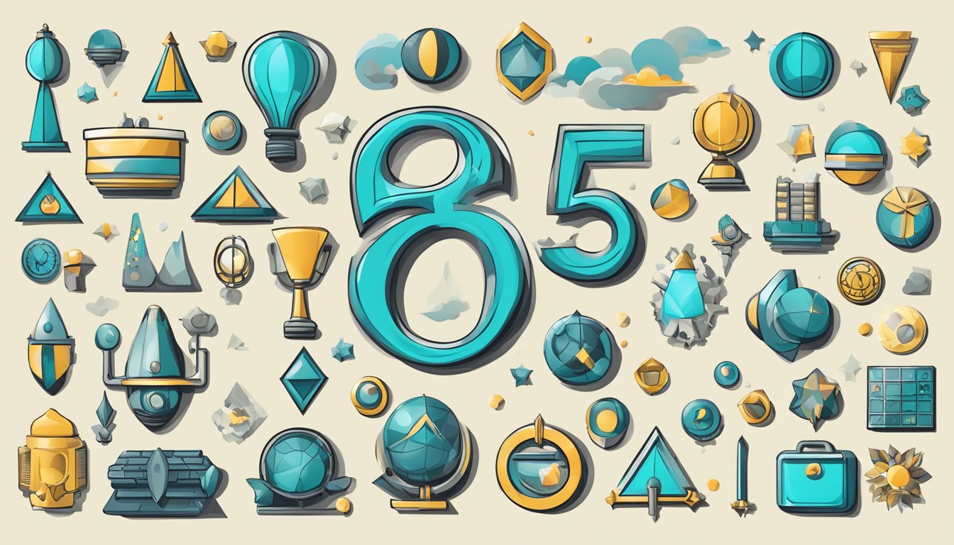 A group of objects and symbols representing action and manifestation, with the number 654 prominently displayed