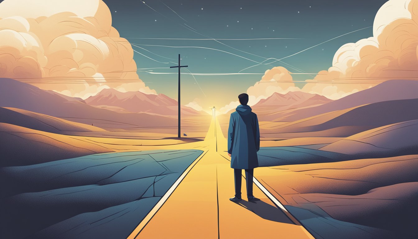 A person standing at a crossroads, with two paths diverging in front of them.</p><p>One path is bright and sunny, while the other is dark and mysterious.</p><p>The person looks contemplative, trying to decide which way to go