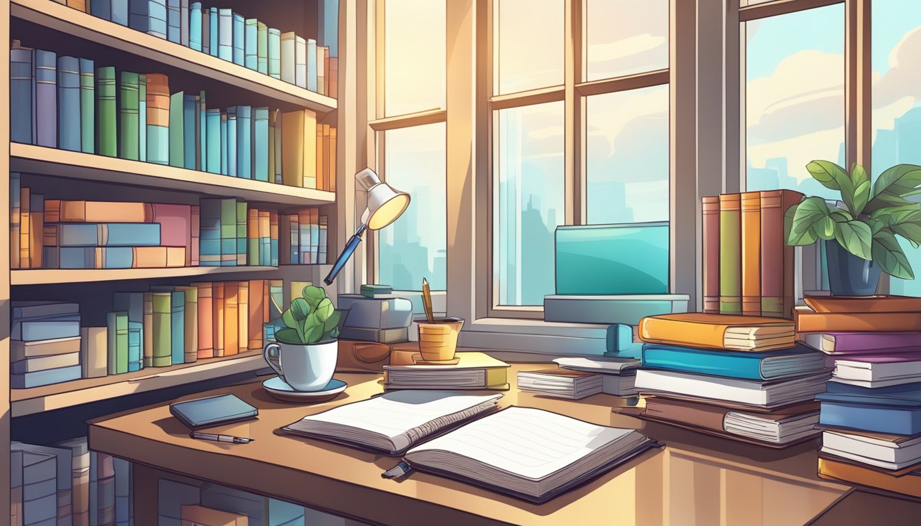 A neatly organized desk with a pen, notebook, and a cup of coffee, surrounded by shelves of books and a bright window