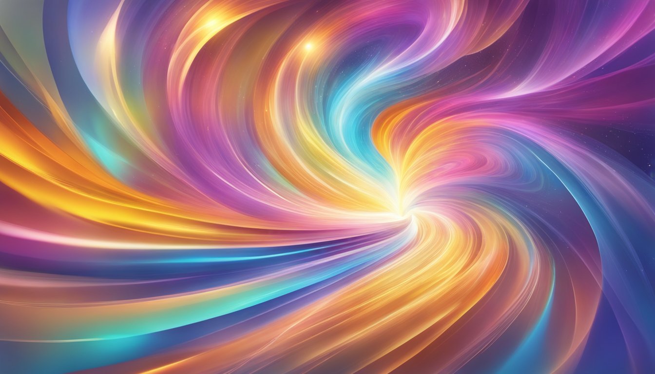 Bright, colorful swirls of light and energy emanate from a central point, spreading outwards and filling the space with a sense of positivity and vitality