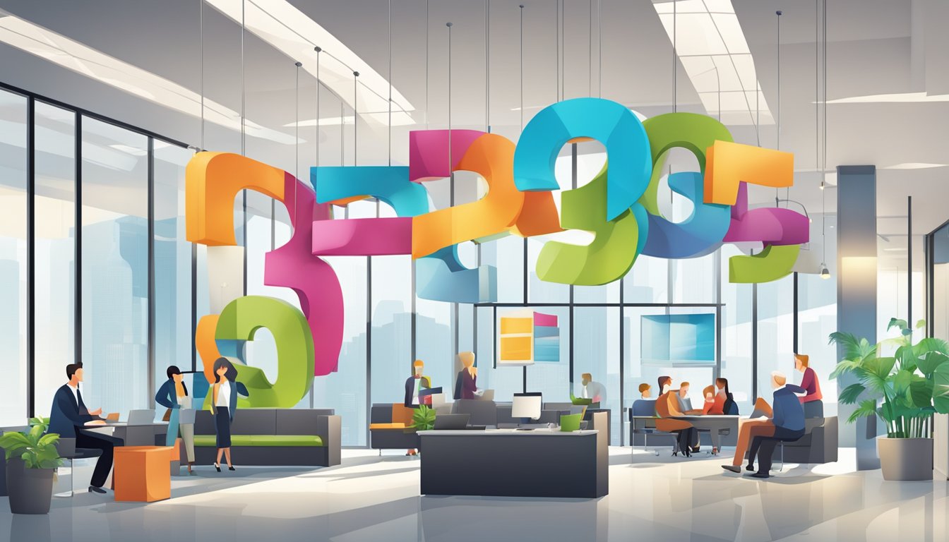 A large, bold "Frequently Asked Questions 17 Bedeutung" sign hanging in a busy, modern office lobby