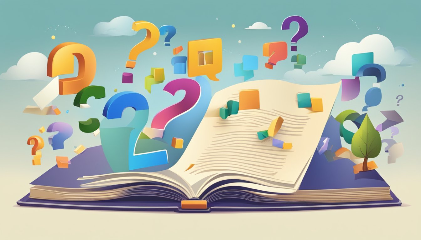 A large, open book with "Frequently Asked Questions 2626 Bedeutung" displayed prominently on the page, surrounded by question marks and a sense of curiosity