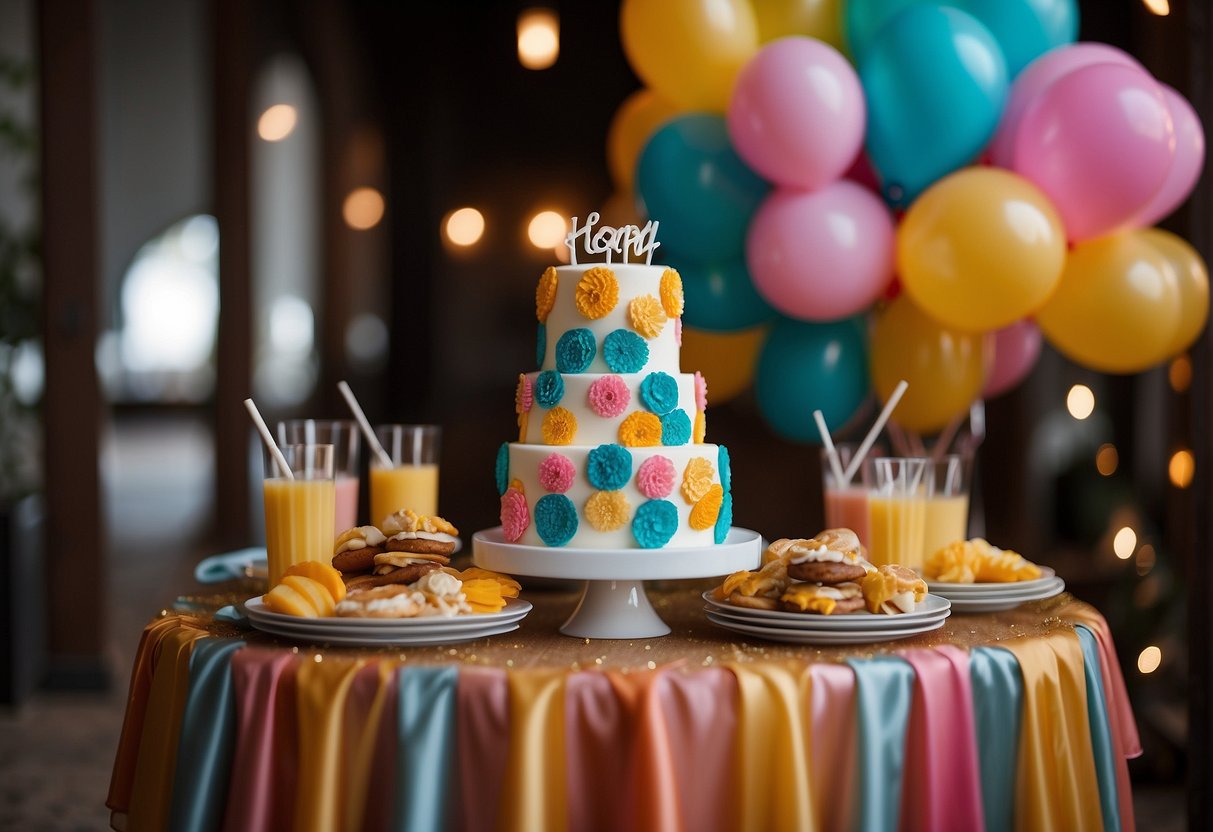 Colorful balloons, a beautifully decorated cake, and a table set with festive party supplies