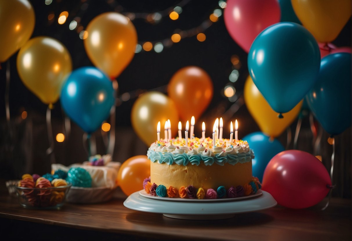 Colorful balloons, a cake with lit candles, and a smiling wife receiving birthday wishes from loved ones