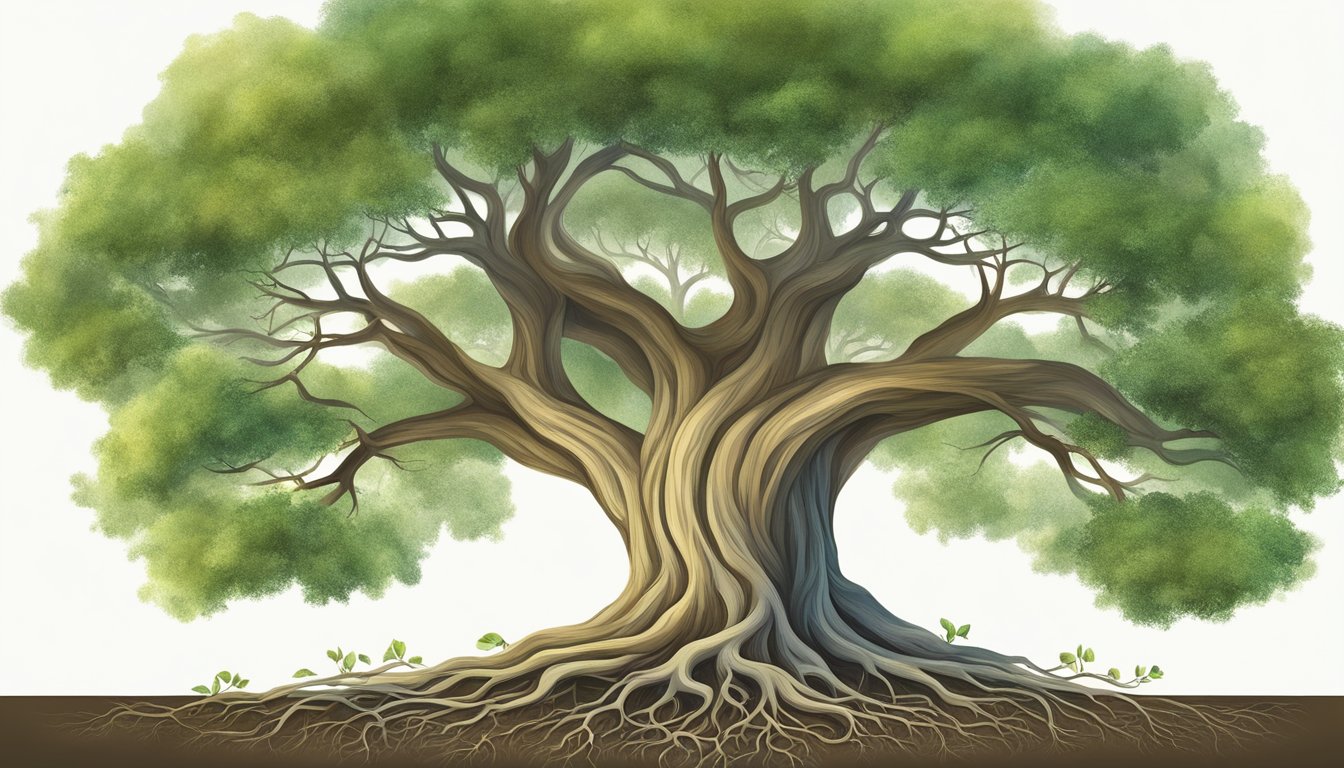 A tree with roots intertwined symbolizing relationships and personal growth