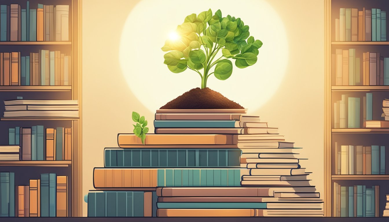 A sprouting seedling reaching towards the sunlight, surrounded by books and a ladder symbolizing personal growth and career advancement in the year 3030