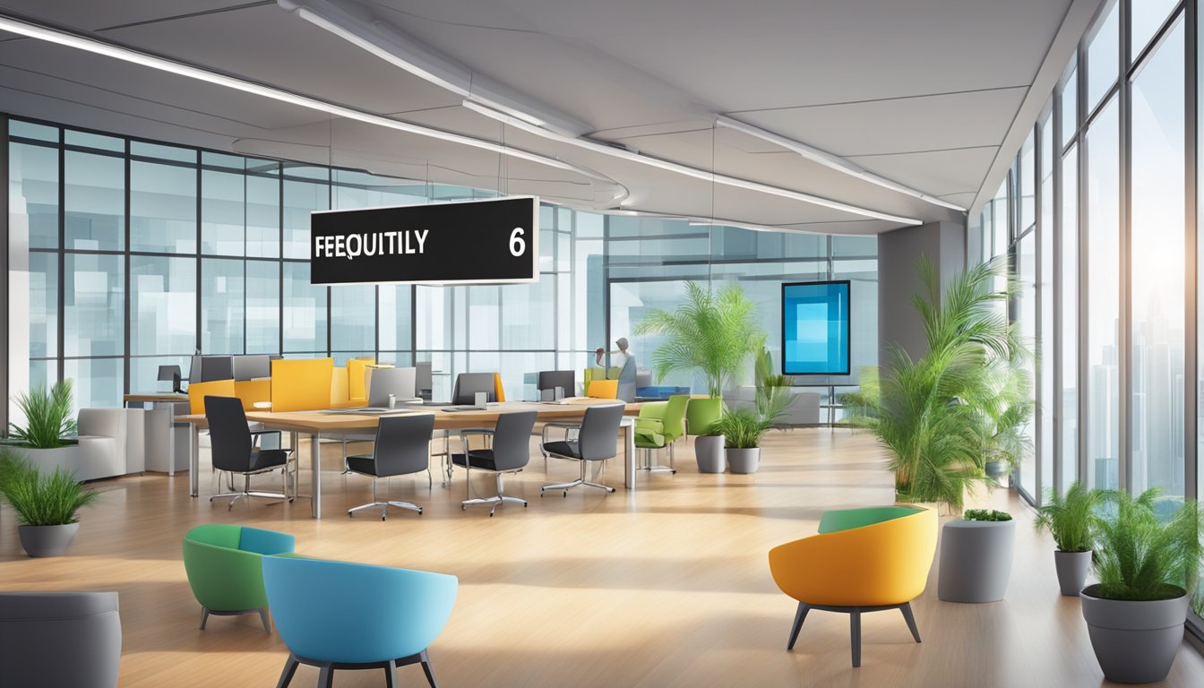 A large, bold "Frequently Asked Questions 633 Bedeutung" sign hanging in a busy, modern office lobby