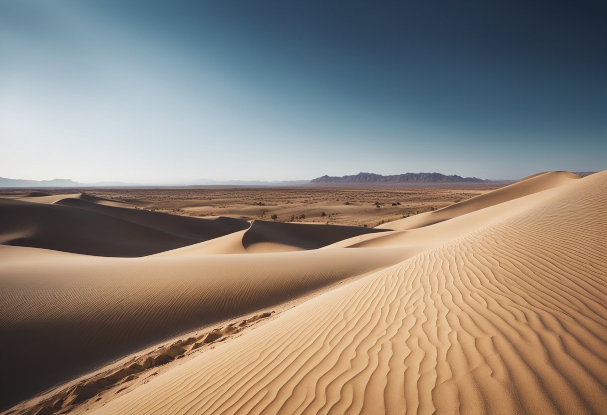 A desert landscape with a winding road, sand dunes, and a clear blue sky. The scene is peaceful and serene, with no signs of danger or unrest