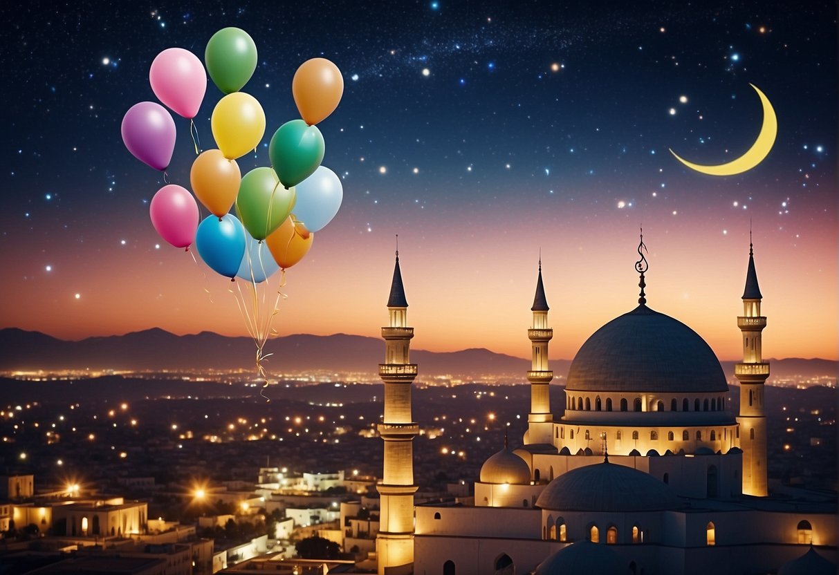 Colorful balloons, a crescent moon, and a mosque with twinkling lights, surrounded by stars and Arabic calligraphy of "happy birthday" in the sky