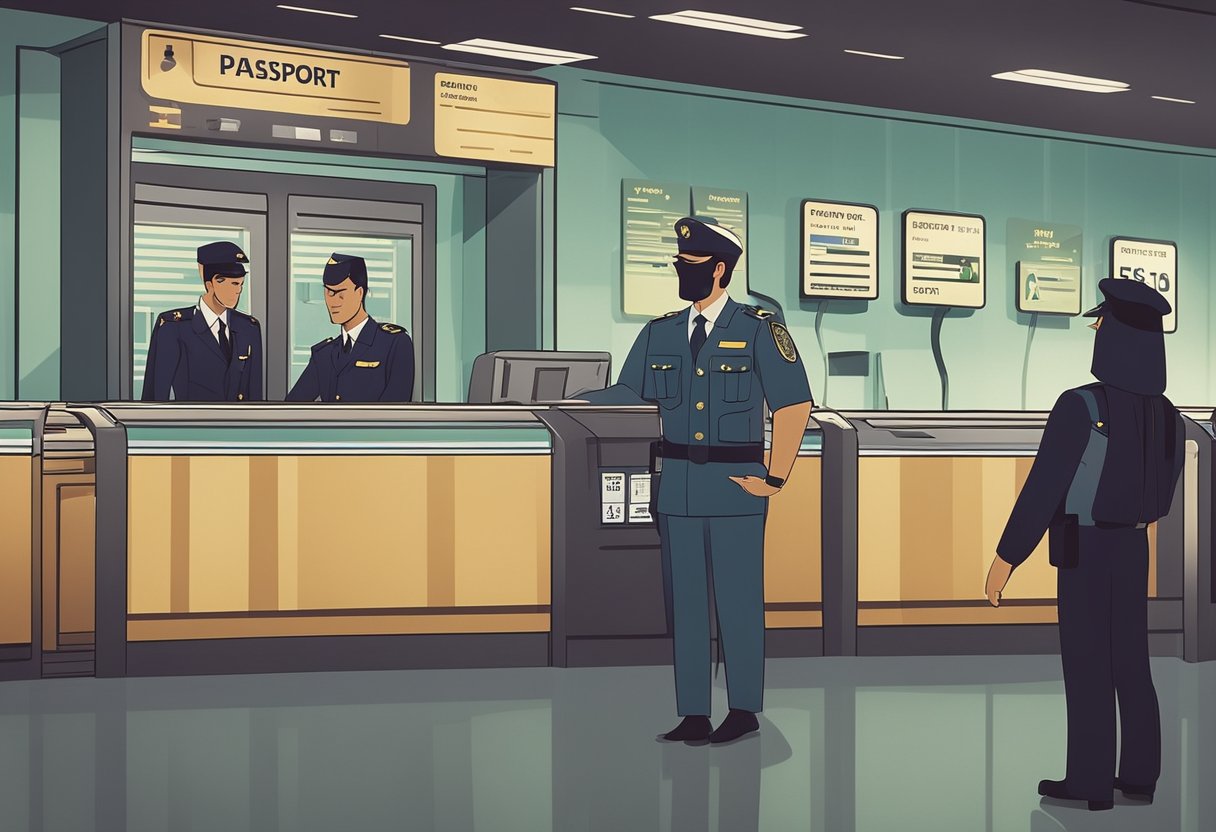 A passport and boarding pass are being checked by a security officer at the entrance to Saudi Arabia. The officer is wearing a uniform and standing behind a counter