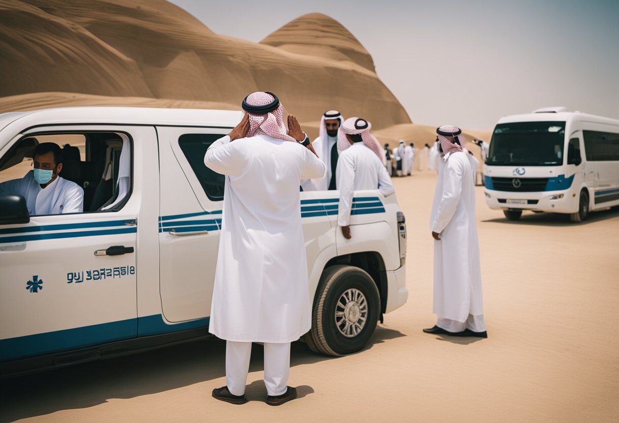 A medical team salutes in front of a traveling vehicle in Saudi Arabia