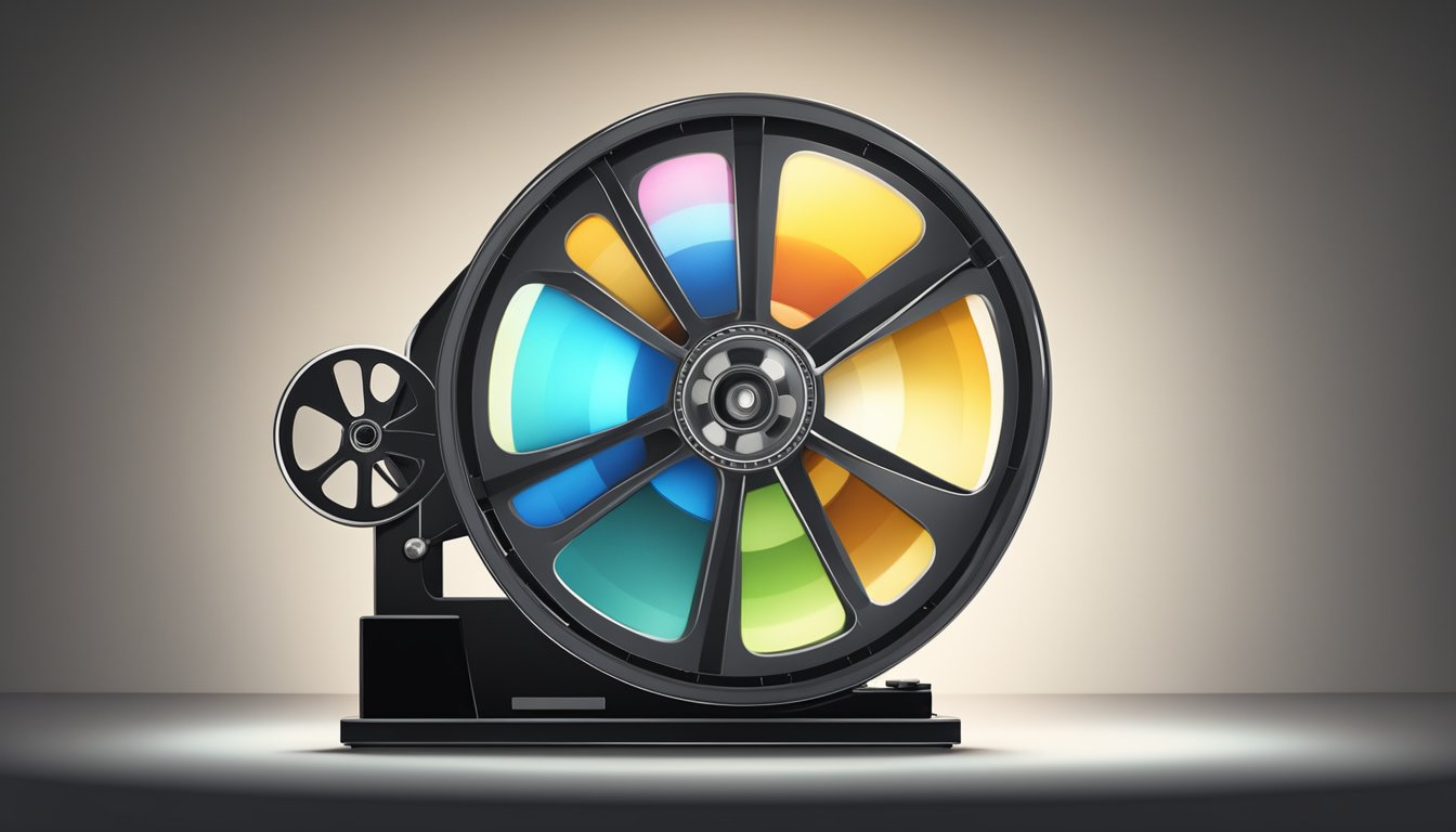 A film reel spinning on a projector, casting flickering light and shadows onto a blank screen in a darkened theater