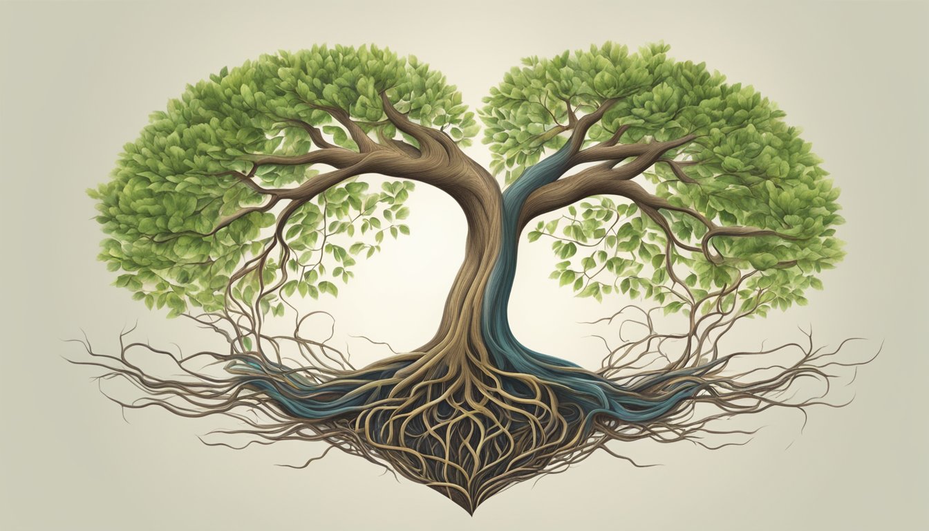 A tree with roots tangled around a heart, symbolizing the impact of personal influence on life