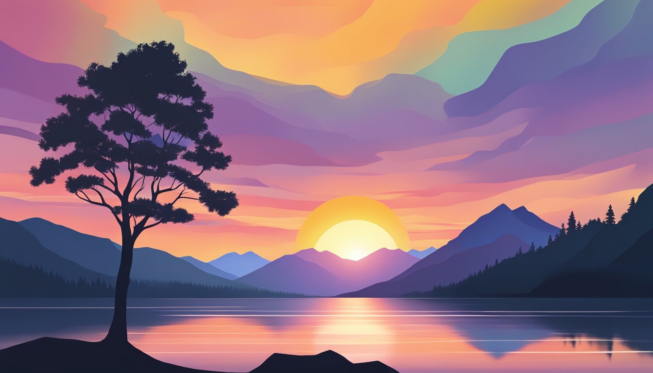 A sun setting behind a mountain, casting long shadows over a tranquil lake.</p><p>A lone tree stands silhouetted against the colorful sky