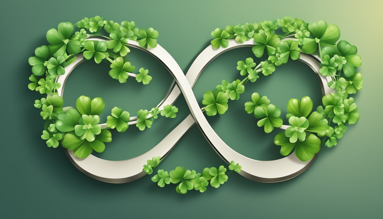 A pair of interlocking infinity symbols, surrounded by four leaf clovers and a circle of eight stars