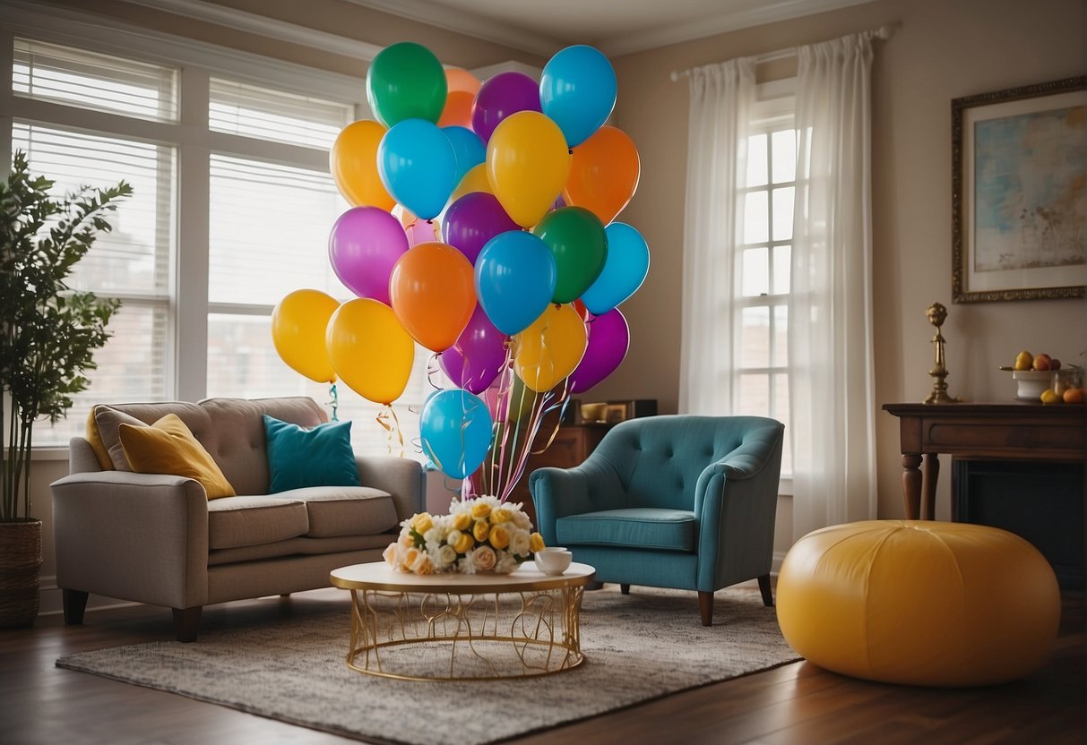 Colorful balloons and confetti surround a handwritten note with "Happy Belated Birthday Wishes" in elegant script, set against a backdrop of a cozy living room