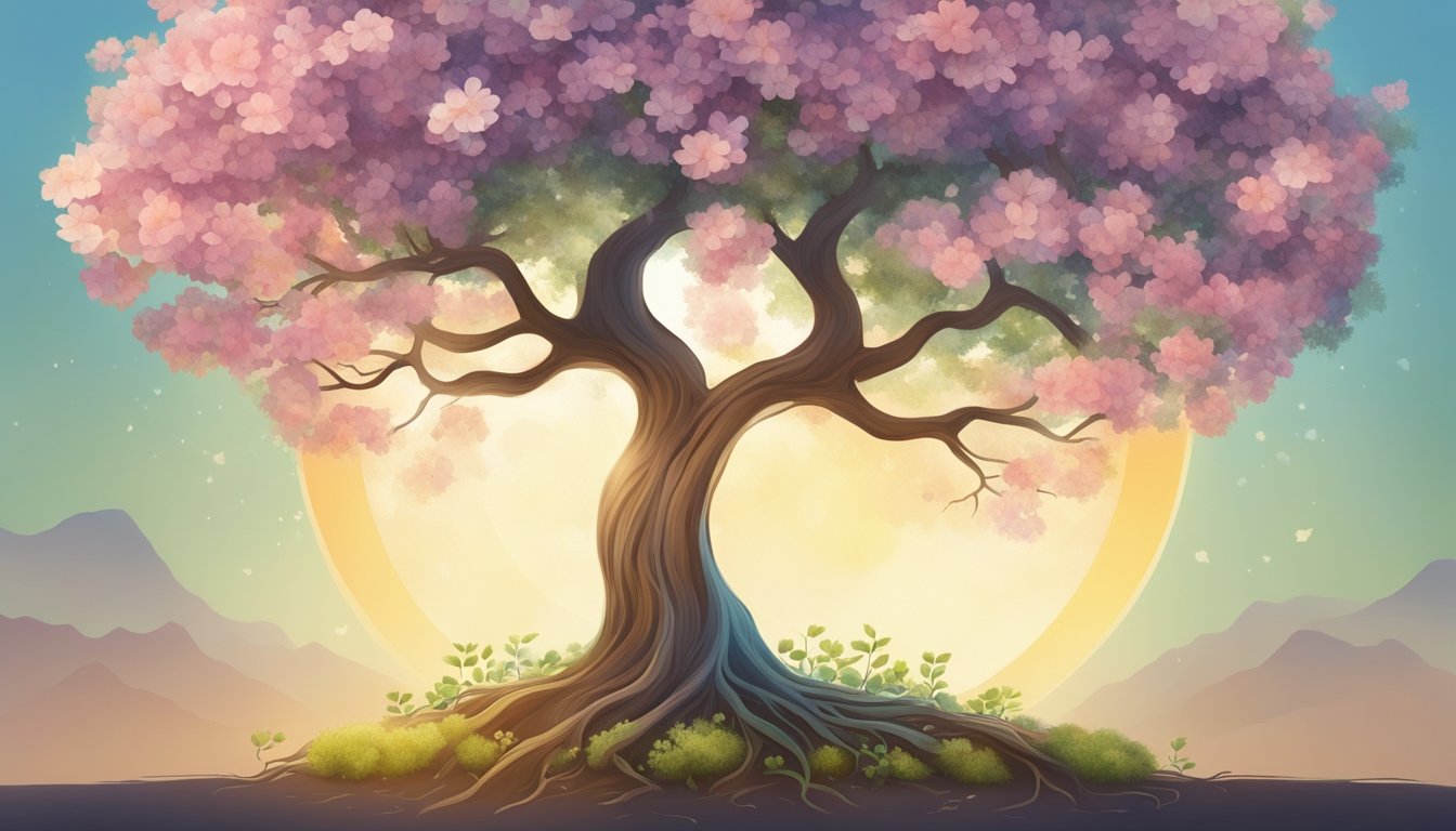 A tree growing tall with roots firmly planted, surrounded by blooming flowers and reaching towards the sun, symbolizing personal growth and success