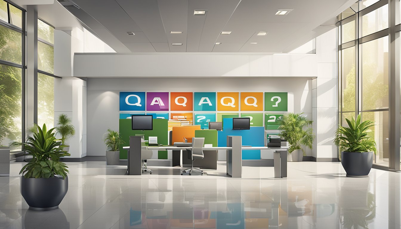 A large, bold "Frequently Asked Questions 22222 Bedeutung" sign hangs prominently in a bustling, modern office lobby