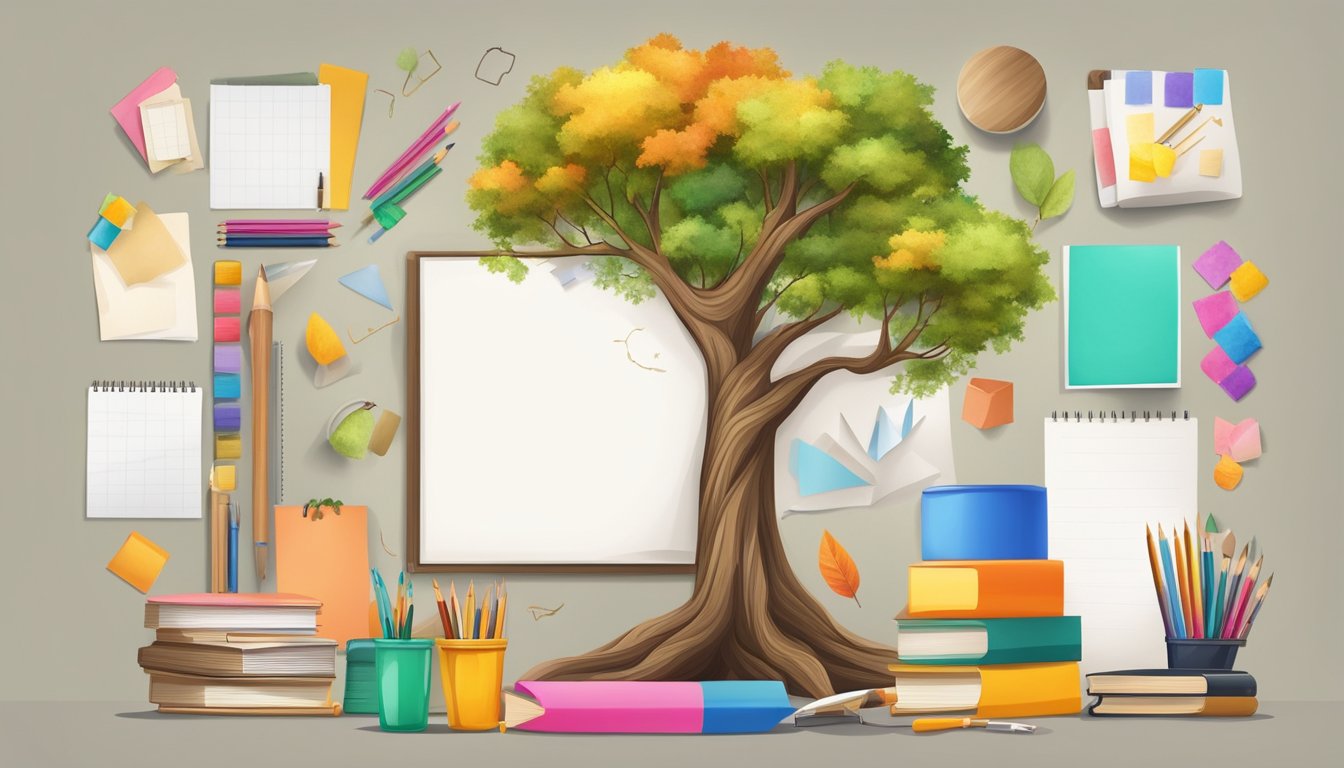 A tree growing tall with colorful leaves, surrounded by various art supplies and a blank canvas, symbolizing personal growth and creativity