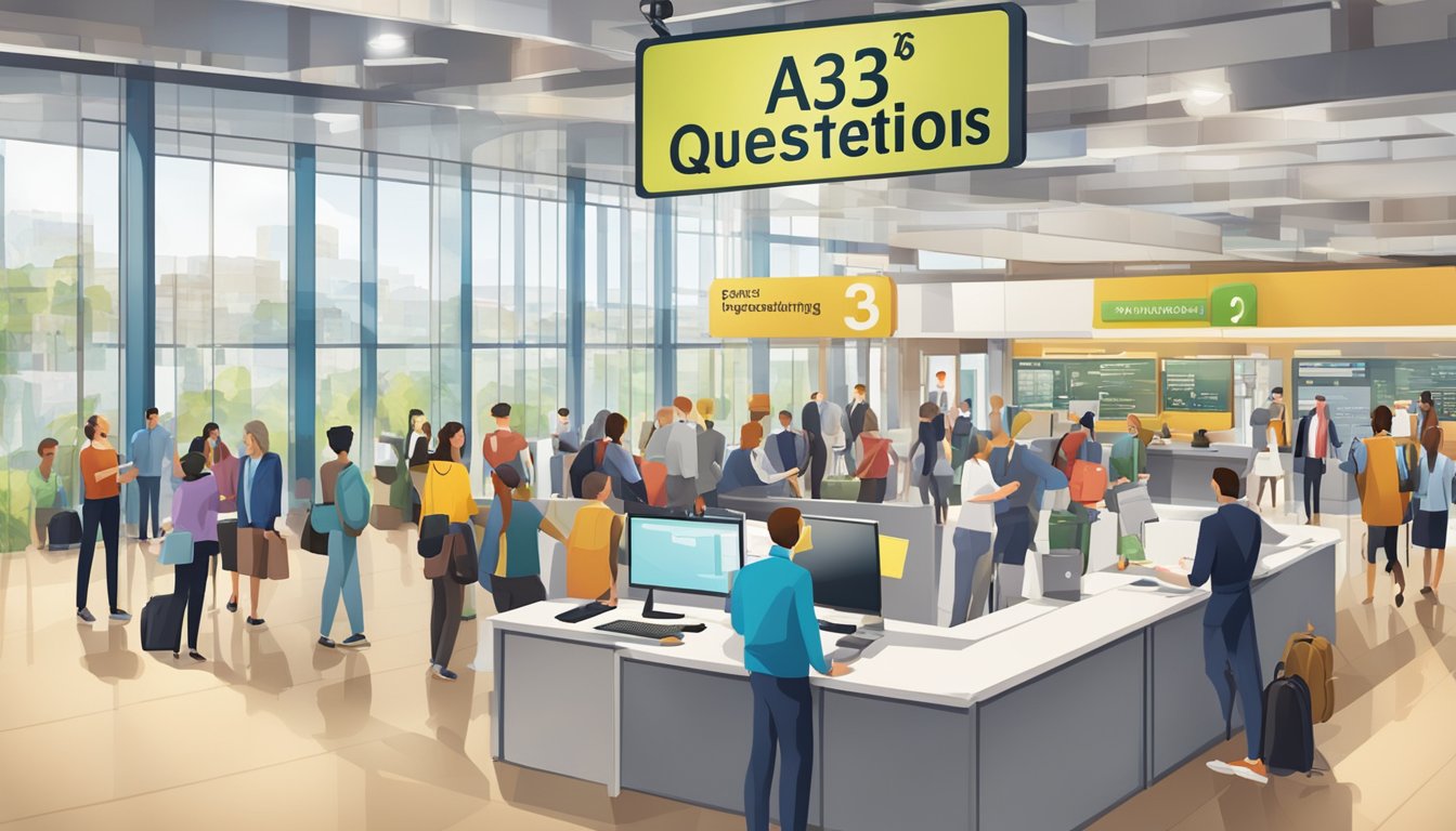 A large "Frequently Asked Questions 353 Bedeutung" sign hanging above a bustling information desk in a busy public space