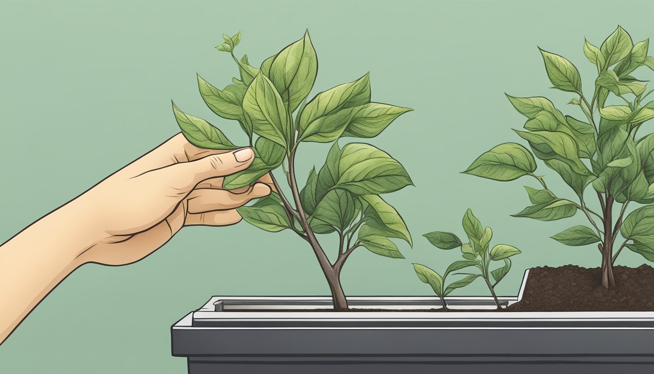 A hand reaching for a growing plant in a practical application setting