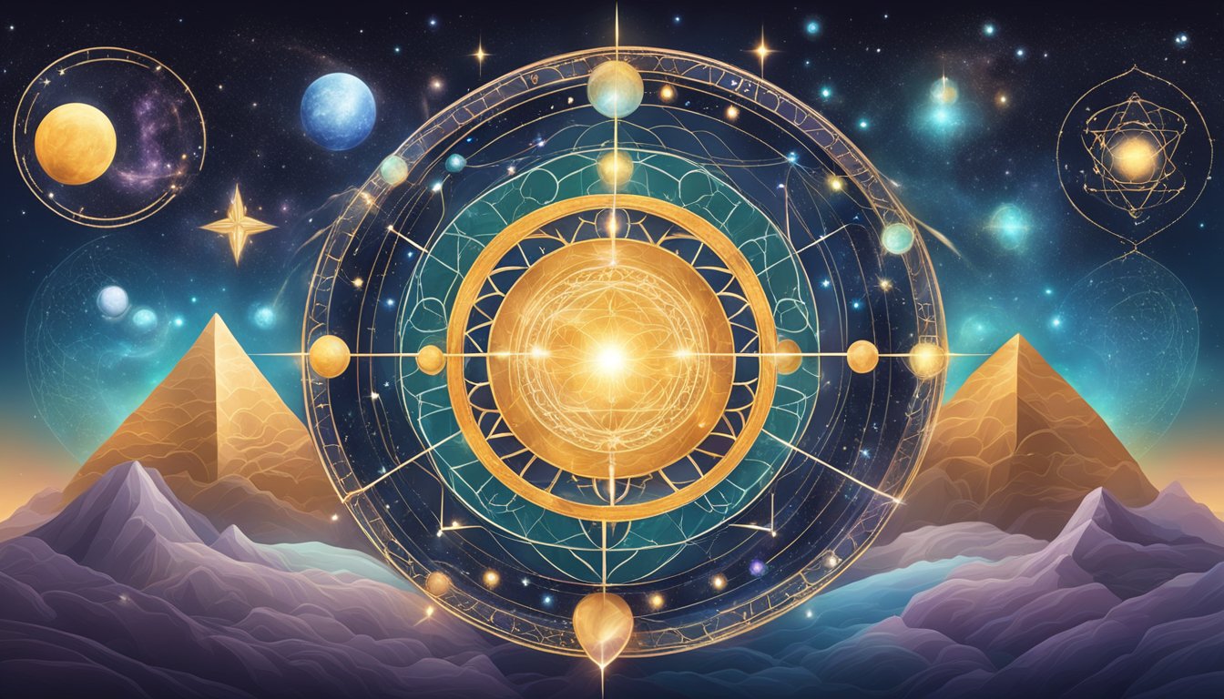 Universal and spiritual symbols in a cosmic landscape with celestial bodies and sacred geometry