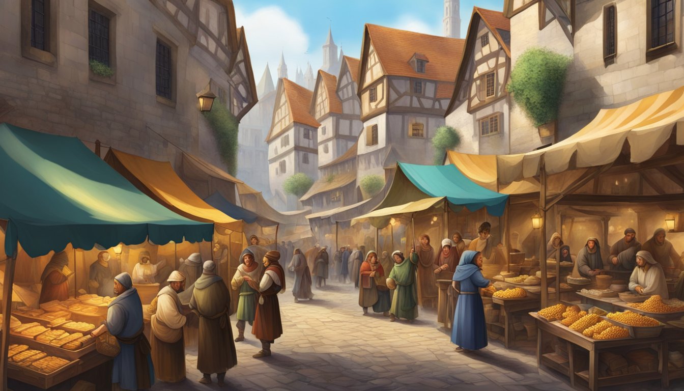 A bustling medieval marketplace with merchants selling goods and customers haggling over prices.</p><p>Colorful tents and banners line the streets, creating a lively and vibrant atmosphere