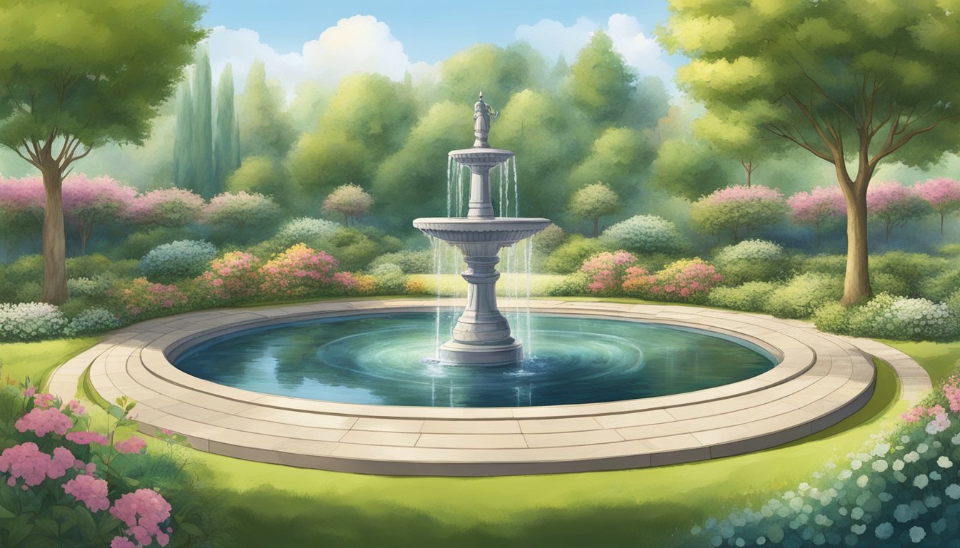 A serene garden with a circular fountain surrounded by four distinct areas representing different aspects of life, each marked with the numbers 4848