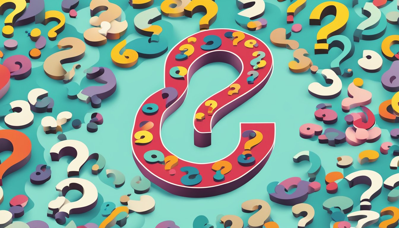 A large question mark surrounded by smaller question marks, all in varying sizes and font styles