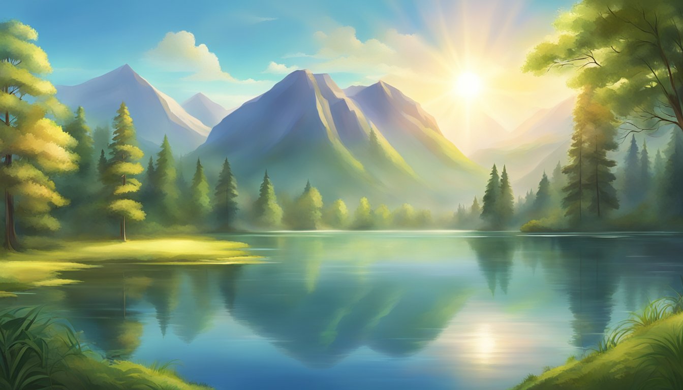 A serene landscape with a radiant sun, a tranquil lake, and a lush forest, evoking a sense of spiritual significance