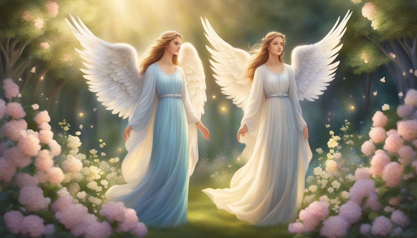 A serene garden with two large, graceful angels standing side by side, surrounded by blooming flowers and a gentle, glowing light emanating from their presence