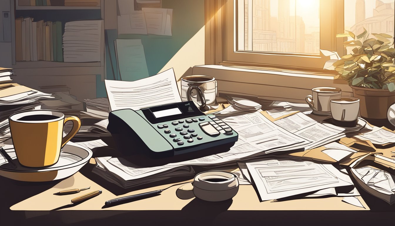 A cluttered desk with scattered papers, a ringing phone, and a half-full coffee cup.</p><p>The sun shines through a window, casting shadows on the chaotic scene