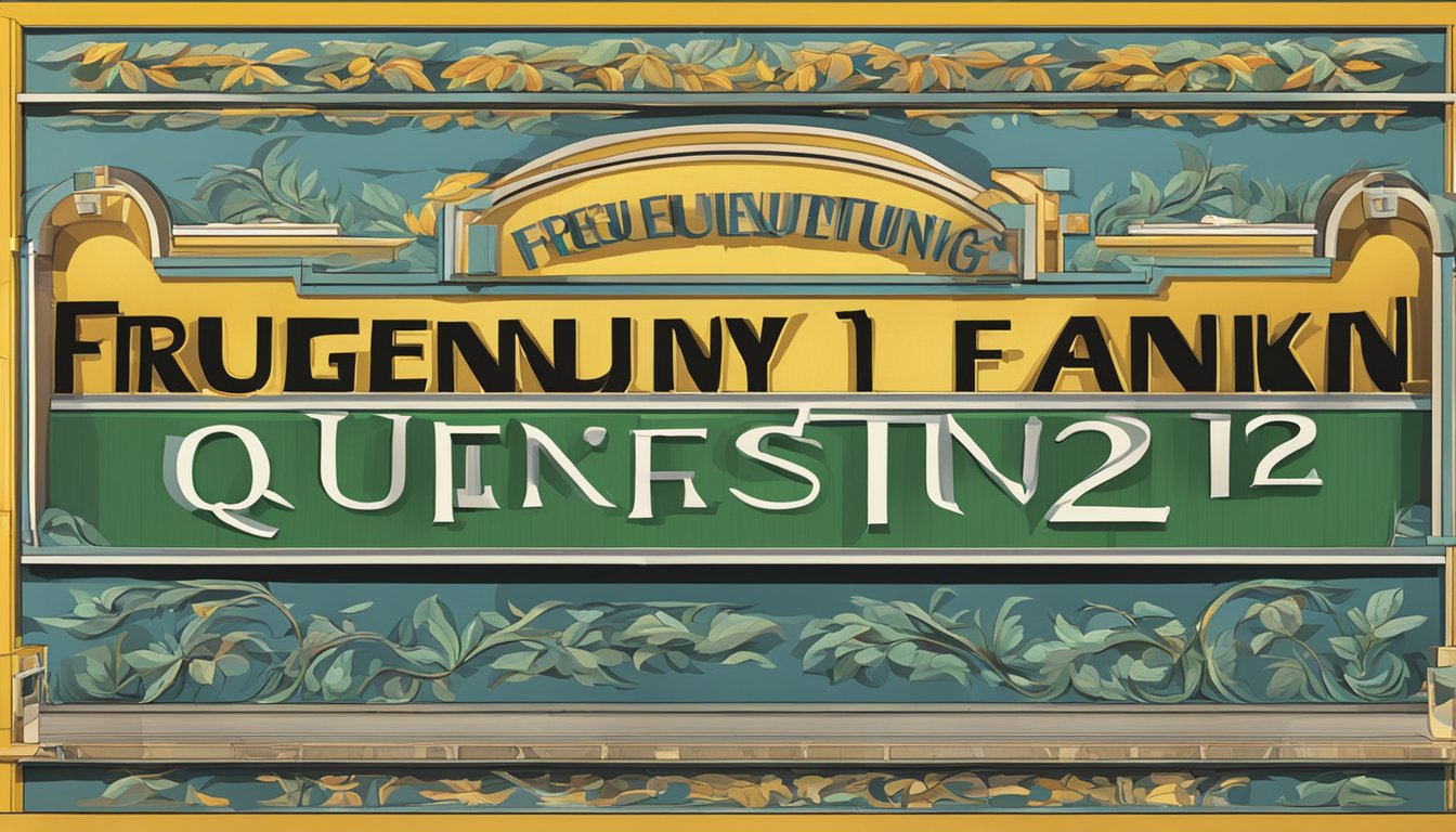 A large sign with "Frequently Asked Questions 112 Bedeutung" displayed prominently in bold lettering