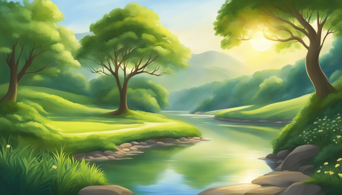 A serene landscape with a winding river, lush greenery, and a radiant sun, evoking a sense of spirituality and intuition