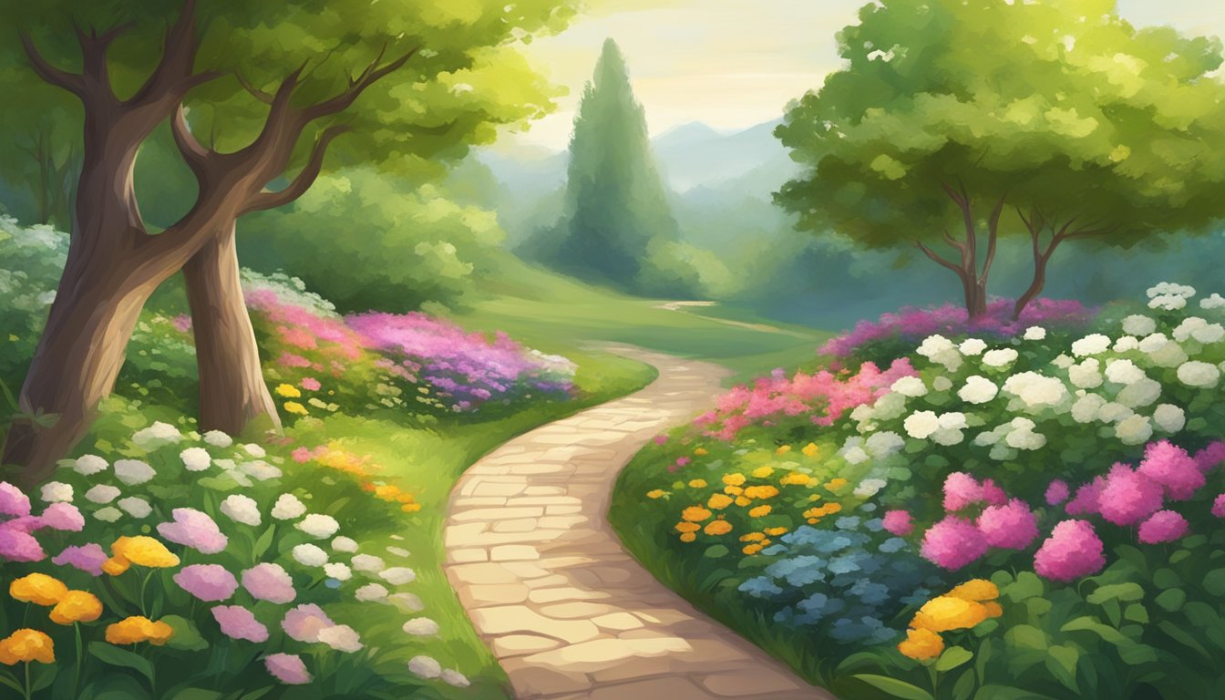 A serene landscape with a winding path leading to a bright, open space surrounded by lush greenery and blooming flowers