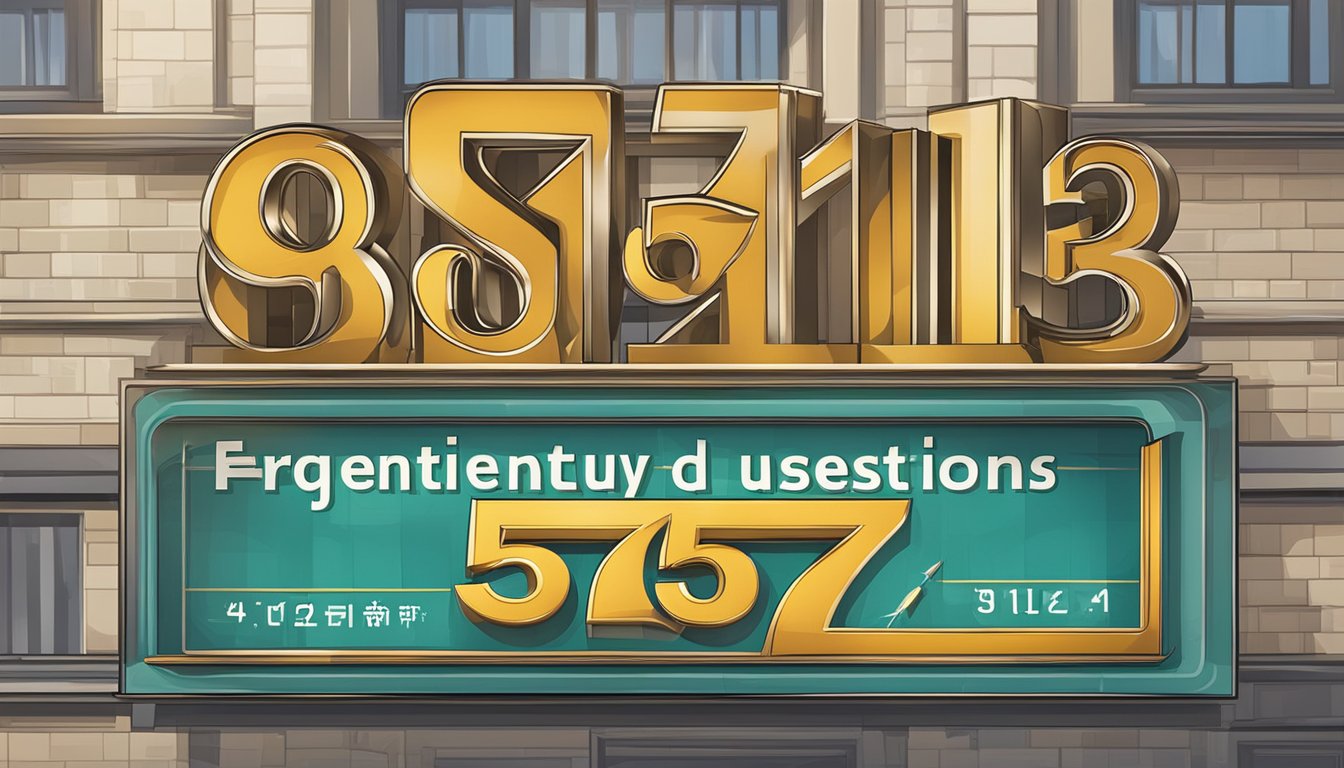 A large sign with "Frequently Asked Questions 5757 Bedeutung" displayed prominently in bold lettering