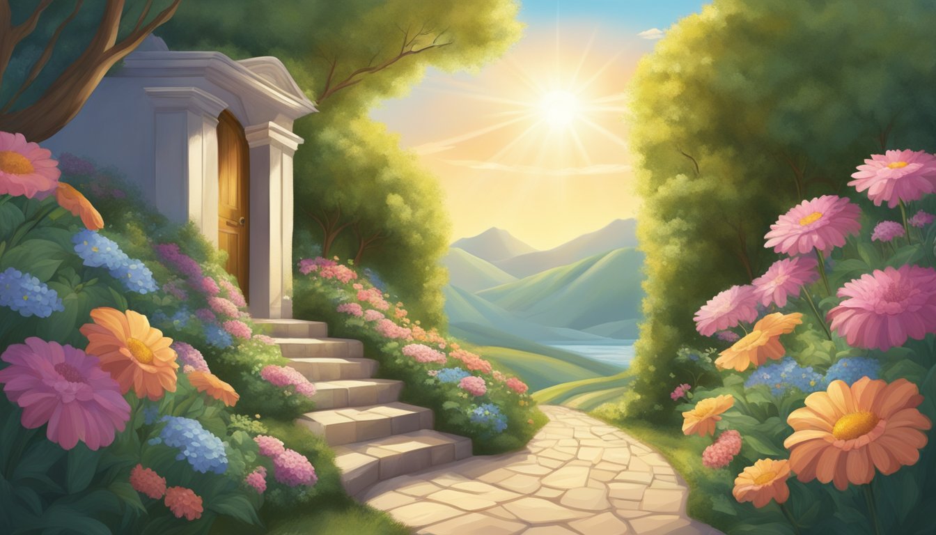 A winding path leads to a doorway with the number 27 engraved on it, surrounded by blooming flowers and a radiant sun shining overhead