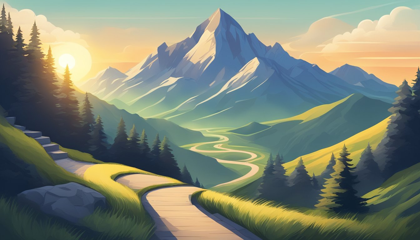 A winding path leading to a mountain peak, with a glowing sun in the background and a sense of growth and progress in the air