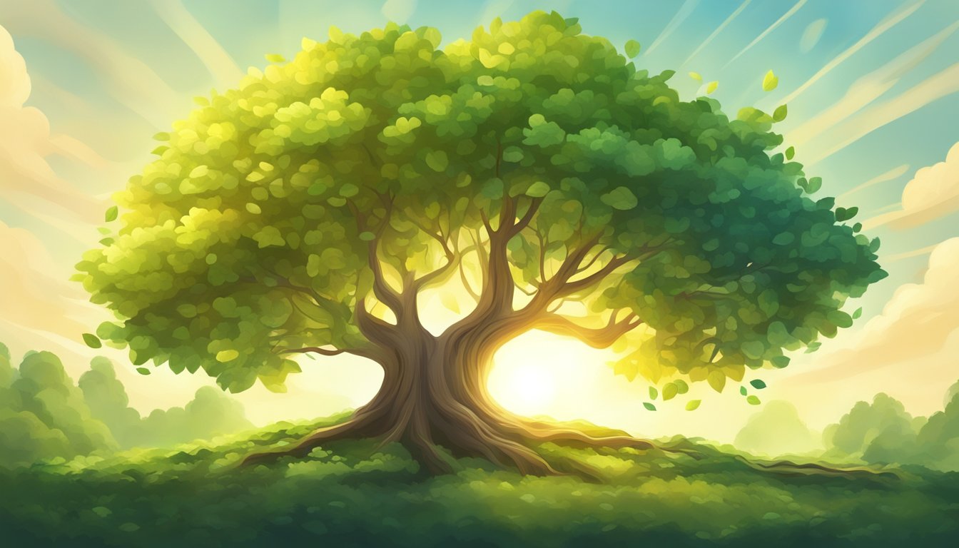 A tree grows tall and strong, bursting with vibrant leaves.</p><p>Sunlight shines down, illuminating the tree's growth and manifestation