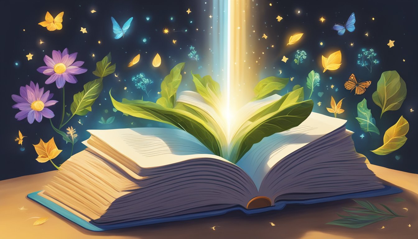 A beam of light shines down onto a book, surrounded by symbols of growth and support, conveying life-changing messages and significance