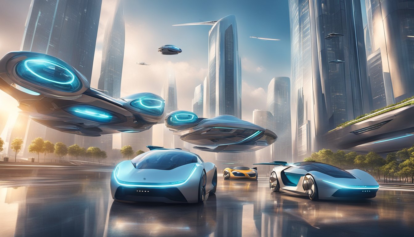 A futuristic cityscape with flying cars and advanced technology, showcasing the practical application of the 2112 2112 concept