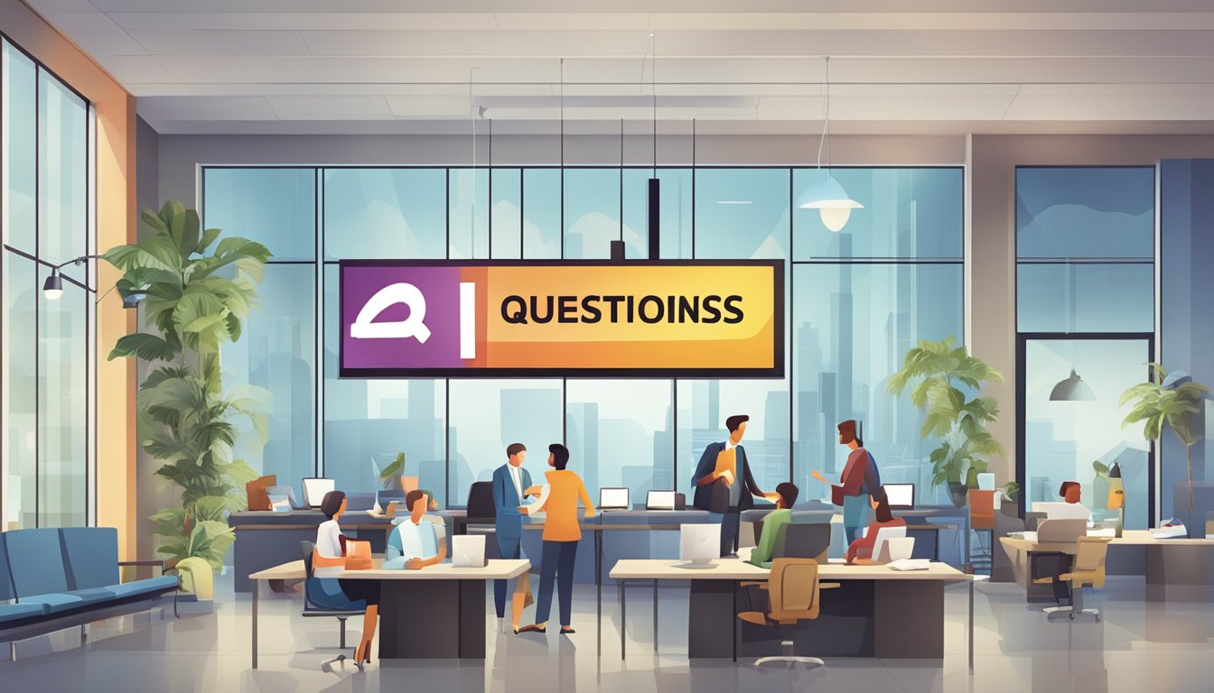 A large, bold "Frequently Asked Questions 1 Bedeutung" sign hangs above a busy information desk in a modern, bustling office lobby