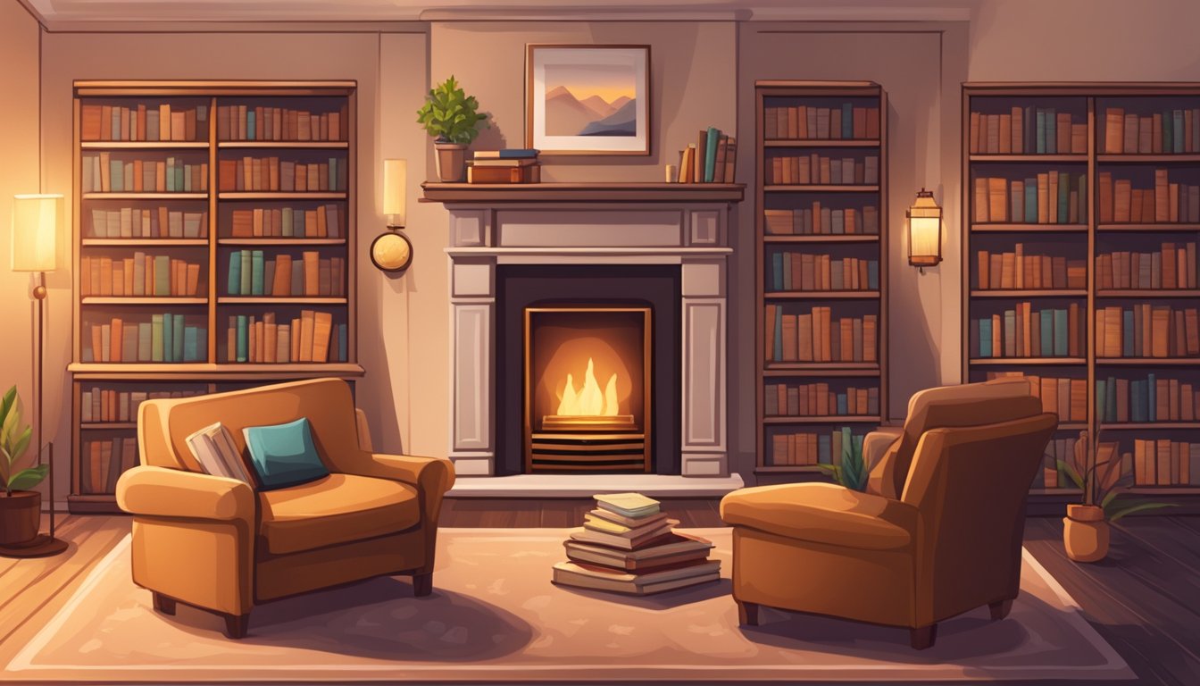 A cozy living room with a flickering fireplace and a bookshelf filled with well-loved books, creating a warm and inviting atmosphere