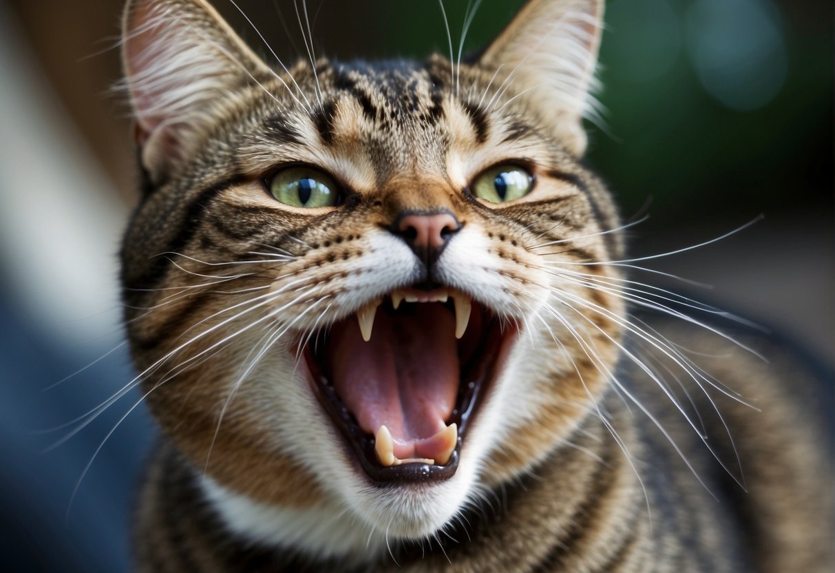 A cat with clenched jaws, grinding its teeth, eyes narrowed in discomfort