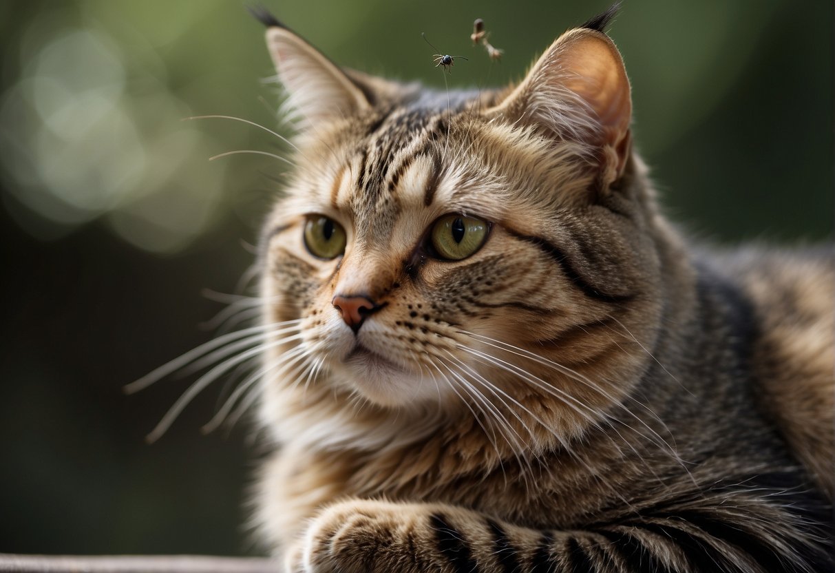 A cat scratching its head vigorously, with small insects visible in its fur