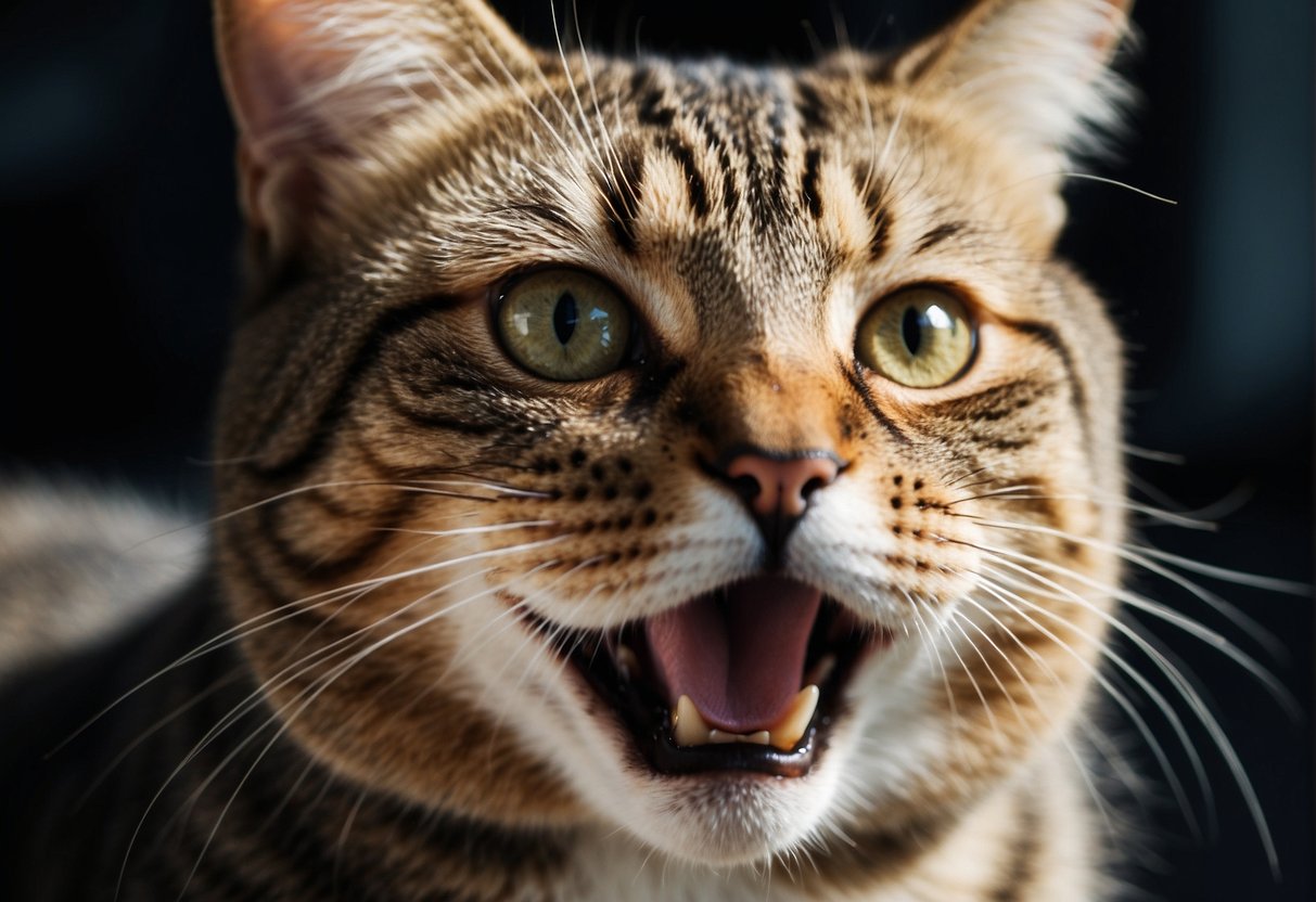 A cat with its mouth slightly open, grinding its teeth, with a curious or pained expression on its face
