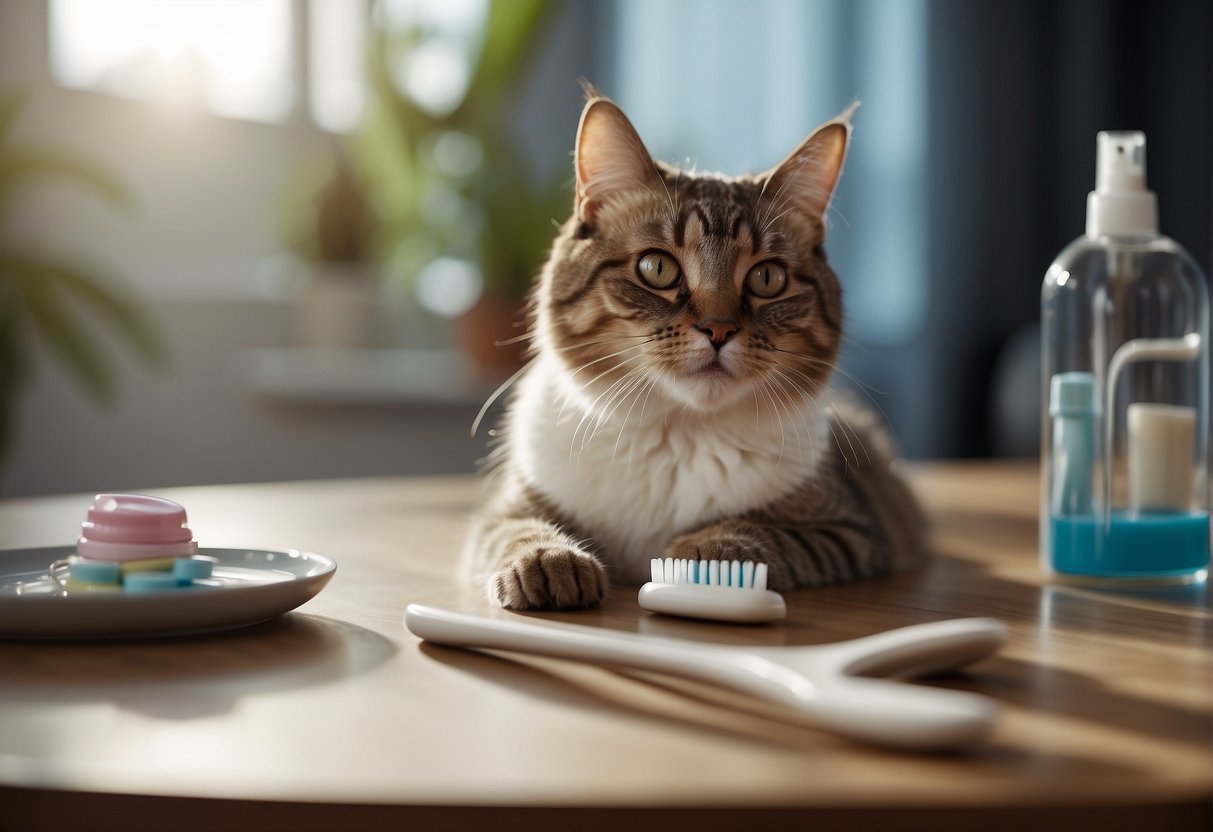 A cat sits on a table, its mouth open as a person holds a toothbrush and gently brushes the cat's teeth. A tube of toothpaste and a pet toothbrush are nearby