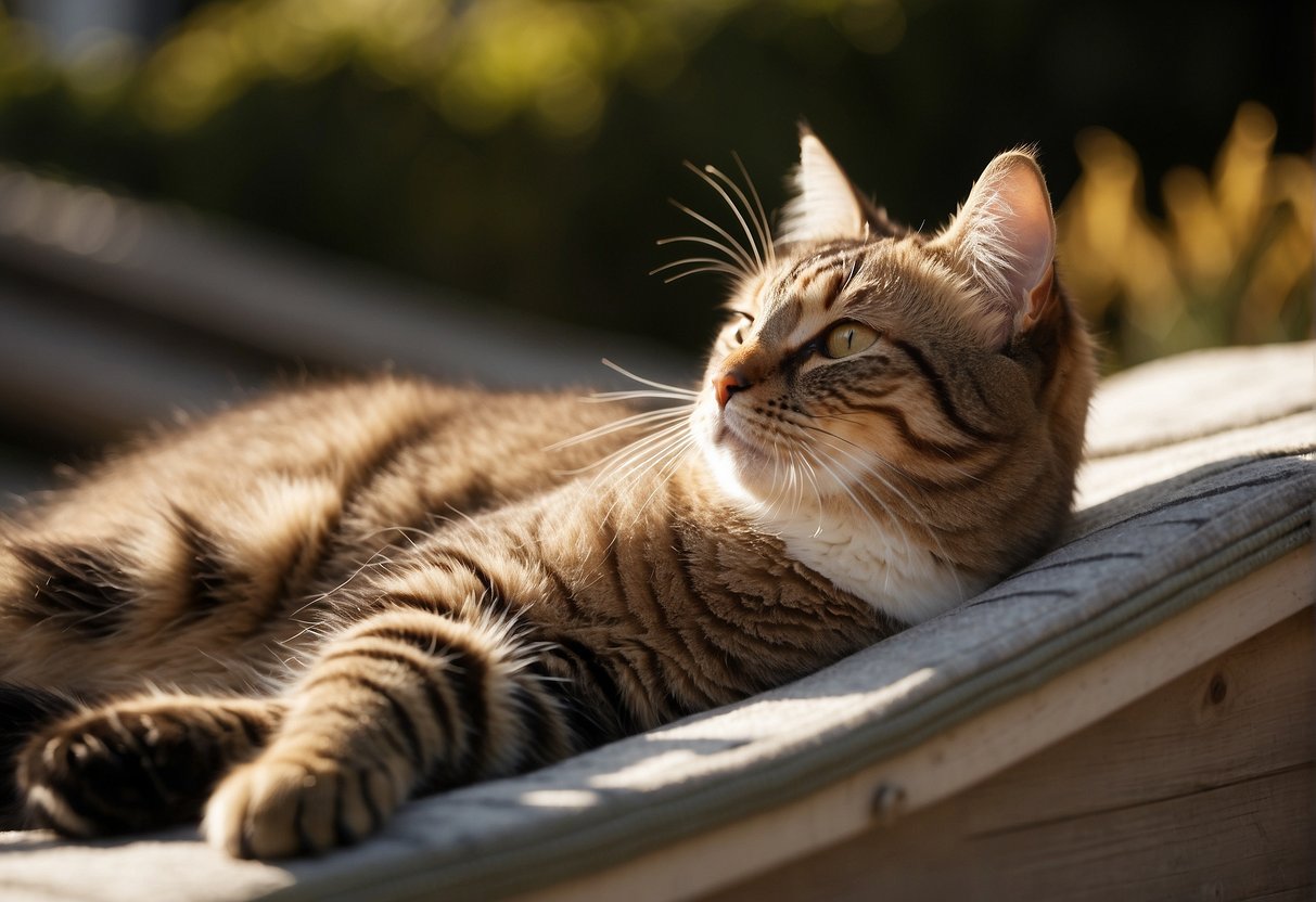 A cat lounges in the sun, panting with a glistening coat